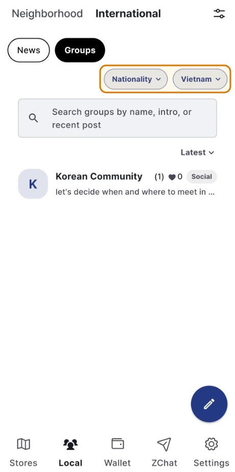 ZIQOO app International tab Groups screen, showing the two dropdown buttons (Nationality and Vietnam) highlighted in a gold box above the regional group list