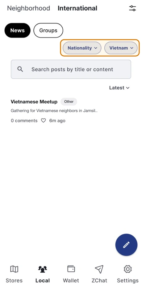 ZIQOO app International tab News screen, showing the two dropdown buttons (Nationality and Vietnam) highlighted in a gold box above the regional post list