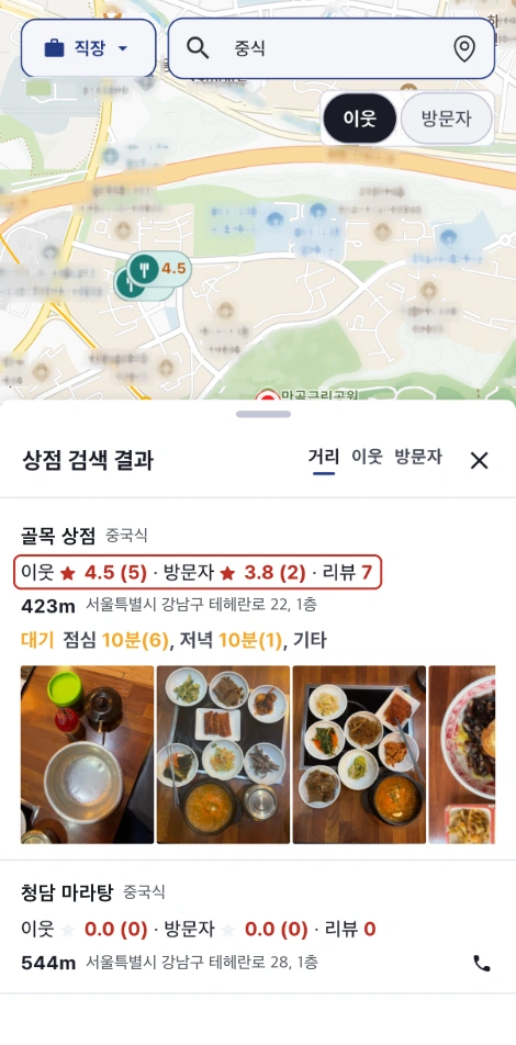 ZIQOO 앱 상점 검색 결과 화면. 골목 상점 등 상점 목록에서 이웃 평점 4.5(5), 방문자 평점 3.8(2), 리뷰 7과 시간대별 대기 시간이 나란히 표시된 화면