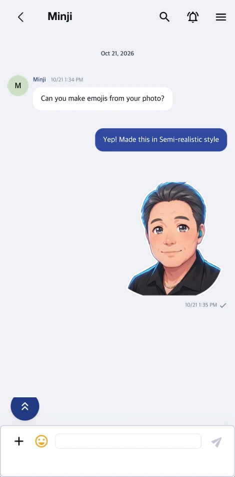 ZIQOO app ZChat conversation screen showing an AI Emoji created in the Semi-realistic style sent in a chat