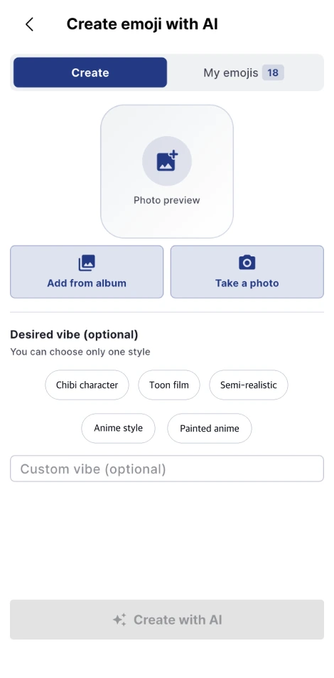 ZIQOO app Create emoji with AI screen showing photo upload buttons and style options: Chibi character, Toon film, Semi-realistic, Anime style, and Painted anime